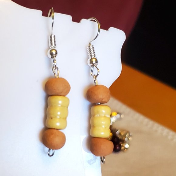 Silver Tone Hook Clay and Wood Bead Dangle Earring